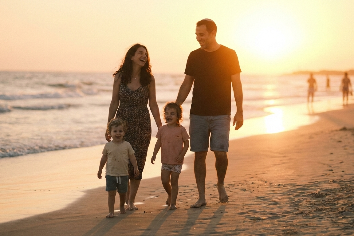 צילום משפחה בחוף הים בשקיעה